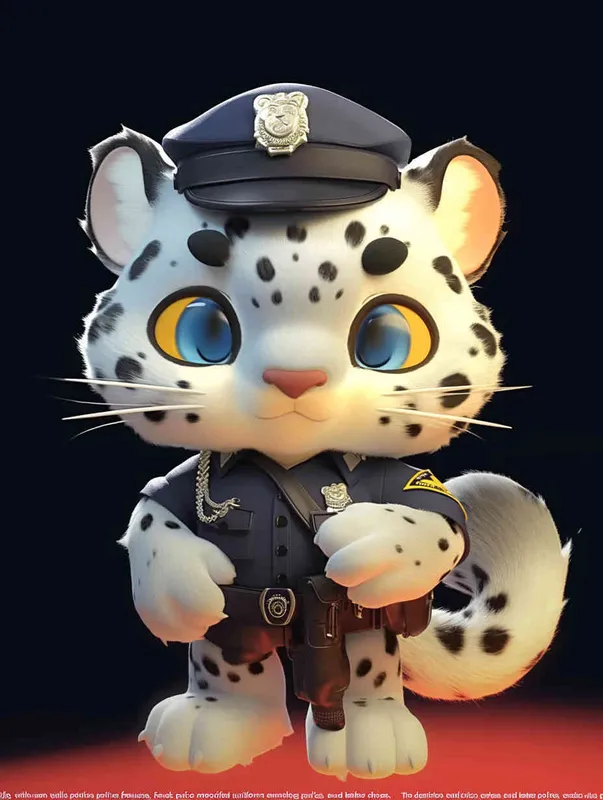 Blind Box Style, full body, red walls, exquisite facial features, snow leopard police personification image, wearing black police uniform, black police hat, black armbands, black pants, black leather shoes, Q-version, black background, natural lighting, 8K, best quality, ultra details, 3D, C4D, Blender, OC renderer, ultra-high definition, 3D rendering - style1部分