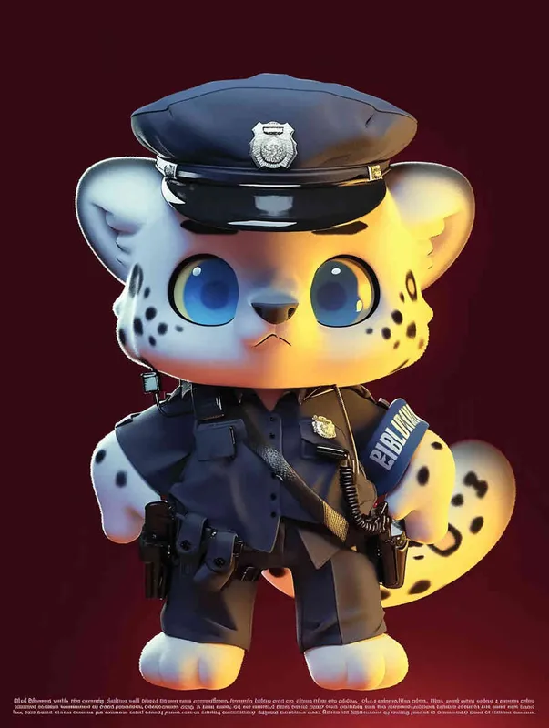 Blind Box Style, full body, red walls, exquisite facial features, snow leopard police personification image, wearing black police uniform, black police hat, black armbands, black pants, black leather shoes, Q-version, black background, natural lighting, 8K, best quality, ultra details, 3D, C4D, Blender, OC renderer, ultra-high definition, 3D rendering - style2部分