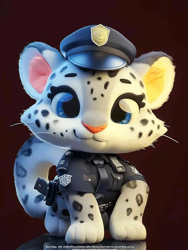 Blind Box Style, full body, red walls, exquisite facial features, snow leopard police personification image, wearing black police uniform, black police hat, black armbands, black pants, black leather shoes, Q-version, black background, natural lighting, 8K, best quality, ultra details, 3D, C4D, Blender, OC renderer, ultra-high definition, 3D rendering - style3部分