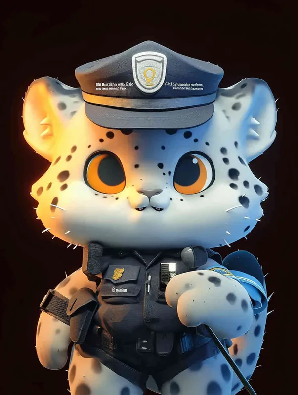Blind Box Style, full body, red walls, exquisite facial features, snow leopard police personification image, wearing black police uniform, black police hat, black armbands, black pants, black leather shoes, Q-version, black background, natural lighting, 8K, best quality, ultra details, 3D, C4D, Blender, OC renderer, ultra-high definition, 3D rendering - style4部分