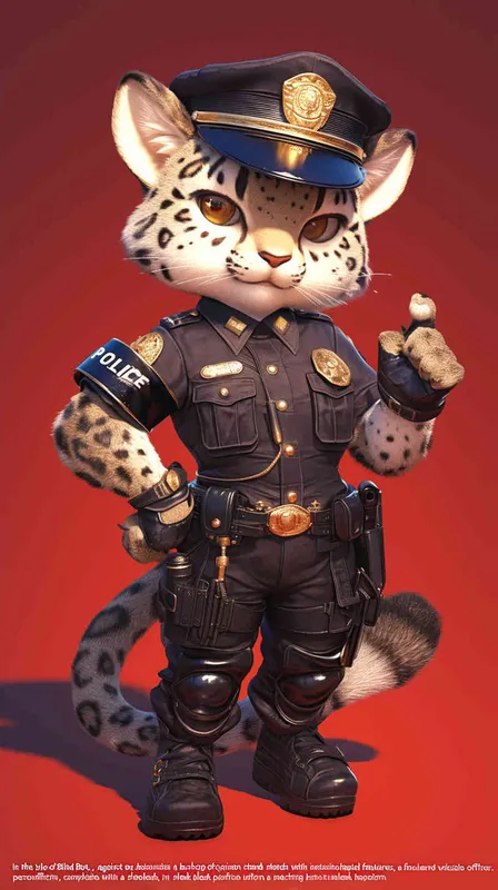 Blind Box Style, full body, red walls, exquisite facial features, snow leopard police personification image, wearing black police uniform, black police hat, black armbands, black pants, black leather shoes, Q-version, black background, natural lighting, 8K, best quality, ultra details, 3D, C4D, Blender, OC renderer, ultra-high definition, 3D rendering - style1部分
