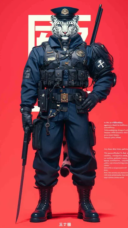 Blind Box Style, full body, red walls, exquisite facial features, snow leopard police personification image, wearing black police uniform, black police hat, black armbands, black pants, black leather shoes, Q-version, black background, natural lighting, 8K, best quality, ultra details, 3D, C4D, Blender, OC renderer, ultra-high definition, 3D rendering - style2部分