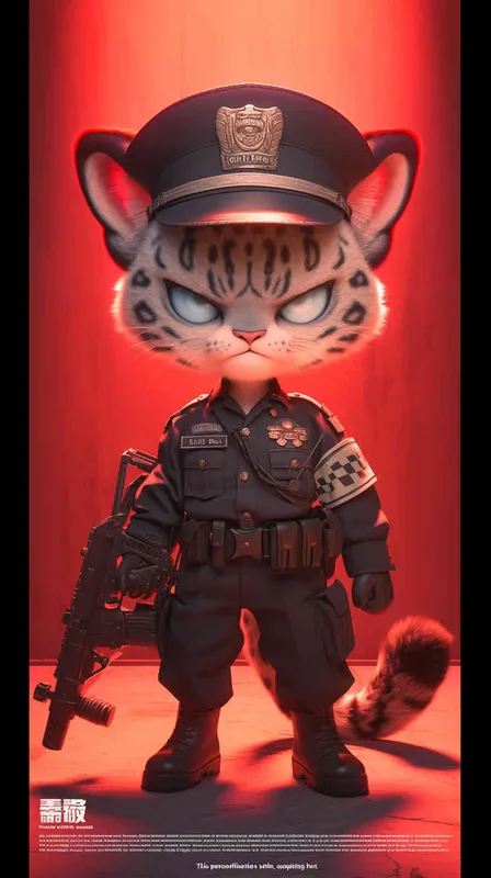 Blind Box Style, full body, red walls, exquisite facial features, snow leopard police personification image, wearing black police uniform, black police hat, black armbands, black pants, black leather shoes, Q-version, black background, natural lighting, 8K, best quality, ultra details, 3D, C4D, Blender, OC renderer, ultra-high definition, 3D rendering - style3部分