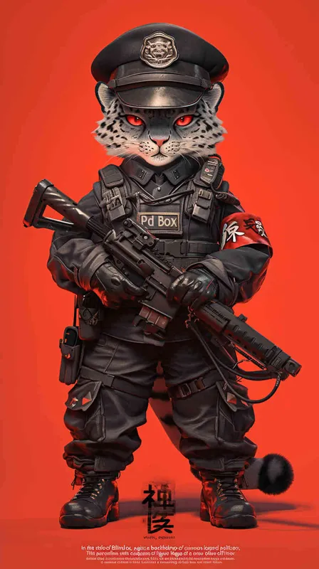 Blind Box Style, full body, red walls, exquisite facial features, snow leopard police personification image, wearing black police uniform, black police hat, black armbands, black pants, black leather shoes, Q-version, black background, natural lighting, 8K, best quality, ultra details, 3D, C4D, Blender, OC renderer, ultra-high definition, 3D rendering - style4部分