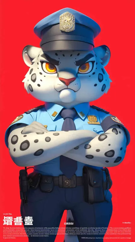 Blind Box Style, full body, red walls, exquisite facial features, snow leopard police personification image,   dressed in summer police uniform, blue shirt, black police hat, navy blue tie, black armband, black pants, Q-version, black background, natural lighting, 8K, best quality, ultra details, 3D, C4D, Blender, OC renderer, ultra-high definition, 3D rendering - style1部分