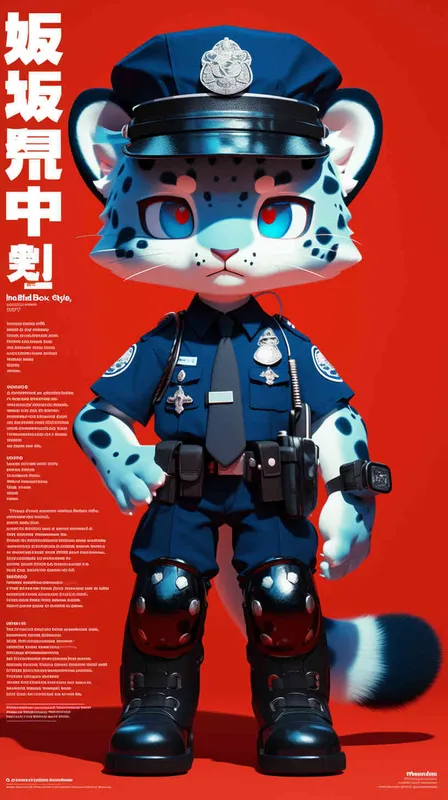 Blind Box Style, full body, red walls, exquisite facial features, snow leopard police personification image,   dressed in summer police uniform, blue shirt, black police hat, navy blue tie, black armband, black pants, Q-version, black background, natural lighting, 8K, best quality, ultra details, 3D, C4D, Blender, OC renderer, ultra-high definition, 3D rendering - style2部分