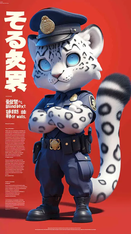 Blind Box Style, full body, red walls, exquisite facial features, snow leopard police personification image,   dressed in summer police uniform, blue shirt, black police hat, navy blue tie, black armband, black pants, Q-version, black background, natural lighting, 8K, best quality, ultra details, 3D, C4D, Blender, OC renderer, ultra-high definition, 3D rendering - style4部分