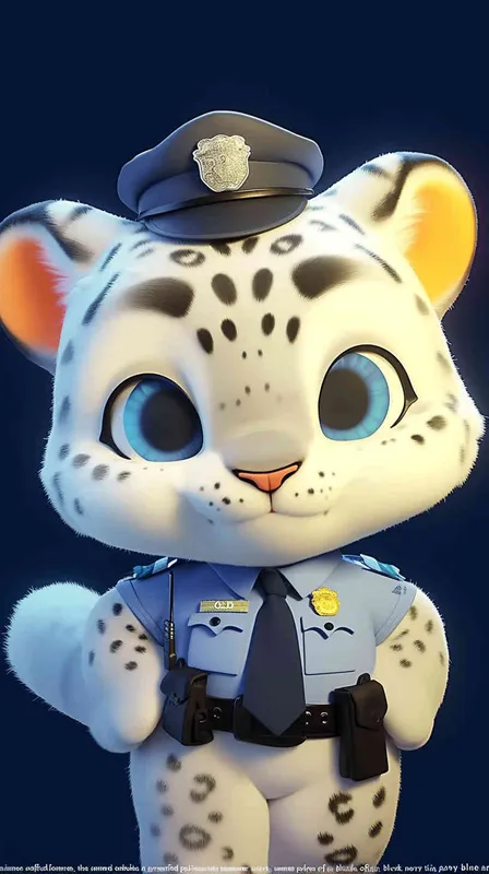 Blind Box Style, full body, red walls, exquisite facial features, snow leopard police personification image,   dressed in summer police uniform, blue shirt, black police hat, navy blue tie, black armband, black pants, Q-version, black background, natural lighting, 8K, best quality, ultra details, 3D, C4D, Blender, OC renderer, ultra-high definition, 3D rendering - style1部分