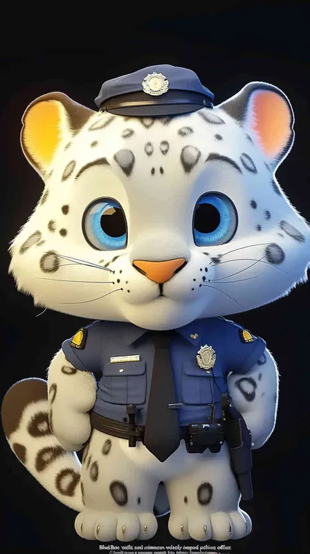 Blind Box Style, full body, red walls, exquisite facial features, snow leopard police personification image,   dressed in summer police uniform, blue shirt, black police hat, navy blue tie, black armband, black pants, Q-version, black background, natural lighting, 8K, best quality, ultra details, 3D, C4D, Blender, OC renderer, ultra-high definition, 3D rendering - style2部分