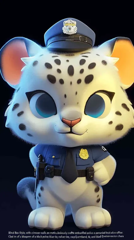 Blind Box Style, full body, red walls, exquisite facial features, snow leopard police personification image,   dressed in summer police uniform, blue shirt, black police hat, navy blue tie, black armband, black pants, Q-version, black background, natural lighting, 8K, best quality, ultra details, 3D, C4D, Blender, OC renderer, ultra-high definition, 3D rendering - style3部分