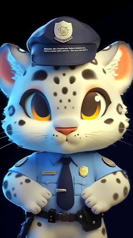 Blind Box Style, full body, red walls, exquisite facial features, snow leopard police personification image,   dressed in summer police uniform, blue shirt, black police hat, navy blue tie, black armband, black pants, Q-version, black background, natural lighting, 8K, best quality, ultra details, 3D, C4D, Blender, OC renderer, ultra-high definition, 3D rendering - style4部分