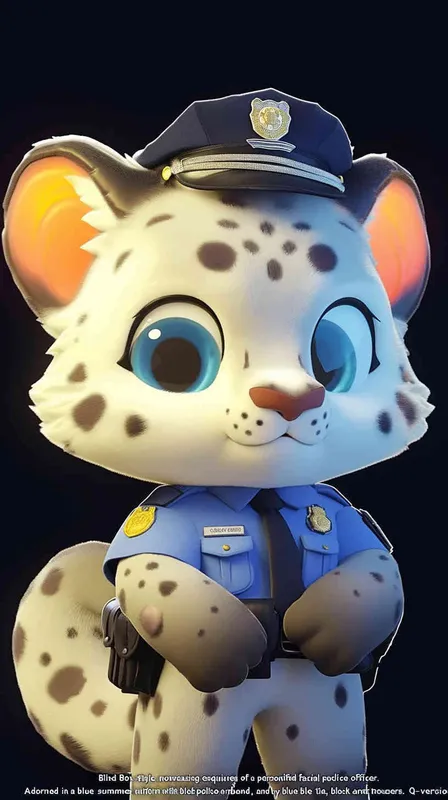 Blind Box Style, full body, red walls, exquisite facial features, snow leopard police personification image,   dressed in summer police uniform, blue shirt, black police hat, navy blue tie, black armband, black trousers, Q-version, black background, natural lighting, 8K, best quality, ultra details, 3D, C4D, Blender, OC renderer, ultra-high definition, 3D rendering - style1部分