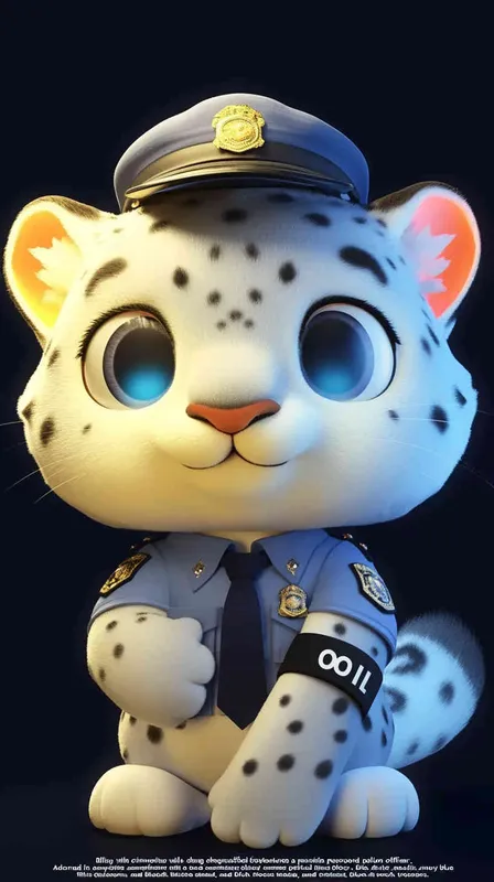 Blind Box Style, full body, red walls, exquisite facial features, snow leopard police personification image,   dressed in summer police uniform, blue shirt, black police hat, navy blue tie, black armband, black trousers, Q-version, black background, natural lighting, 8K, best quality, ultra details, 3D, C4D, Blender, OC renderer, ultra-high definition, 3D rendering - style2部分