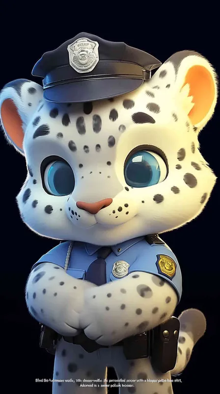 Blind Box Style, full body, red walls, exquisite facial features, snow leopard police personification image,   dressed in summer police uniform, blue shirt, black police hat, navy blue tie, black armband, black trousers, Q-version, black background, natural lighting, 8K, best quality, ultra details, 3D, C4D, Blender, OC renderer, ultra-high definition, 3D rendering - style3部分