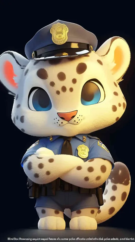 Blind Box Style, full body, red walls, exquisite facial features, snow leopard police personification image,   dressed in summer police uniform, blue shirt, black police hat, navy blue tie, black armband, black trousers, Q-version, black background, natural lighting, 8K, best quality, ultra details, 3D, C4D, Blender, OC renderer, ultra-high definition, 3D rendering - style4部分
