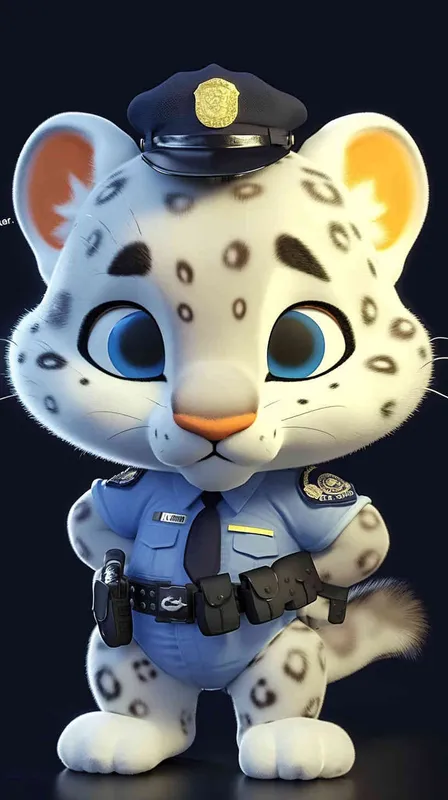 Blind Box Style, full body, red walls, exquisite facial features, snow leopard police personification image,   dressed in summer police uniform, blue shirt, black police hat, navy blue tie, black armband, black trousers, Q-version, black background, natural lighting, 8K, best quality, ultra details, 3D, C4D, Blender, OC renderer, ultra-high definition, 3D rendering - style1部分