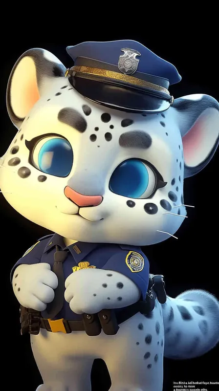 Blind Box Style, full body, red walls, exquisite facial features, snow leopard police personification image,   dressed in summer police uniform, blue shirt, black police hat, navy blue tie, black armband, black trousers, Q-version, black background, natural lighting, 8K, best quality, ultra details, 3D, C4D, Blender, OC renderer, ultra-high definition, 3D rendering - style3部分