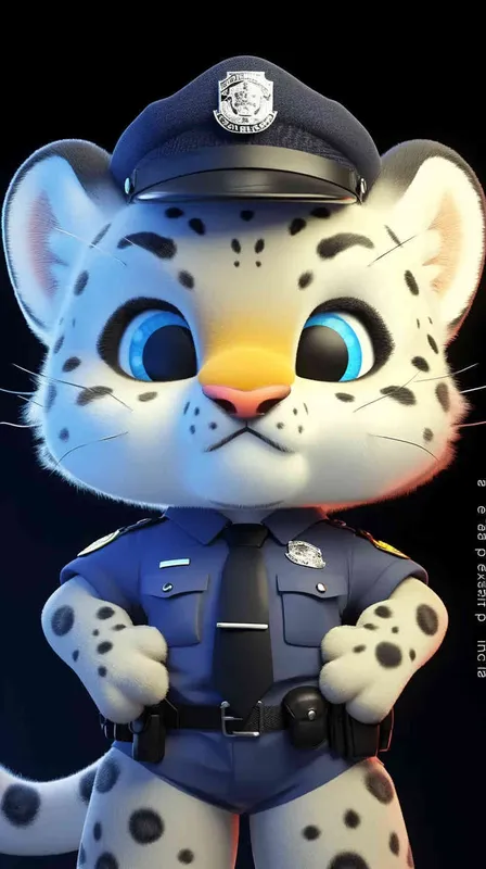 Blind Box Style, full body, red walls, exquisite facial features, snow leopard police personification image,   dressed in summer police uniform, blue shirt, black police hat, navy blue tie, black armband, black trousers, Q-version, black background, natural lighting, 8K, best quality, ultra details, 3D, C4D, Blender, OC renderer, ultra-high definition, 3D rendering - style4部分