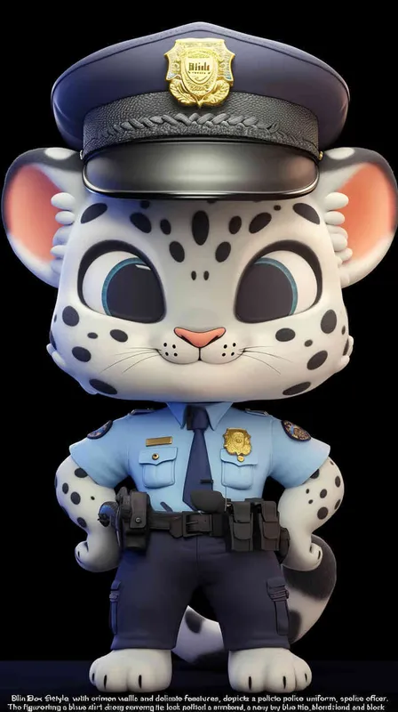 Blind Box Style, full body, red walls, exquisite facial features, snow leopard police personification image,   dressed in summer police uniform, blue shirt, black police hat, navy blue tie, black armband, black trousers, Q-version, black background, natural lighting, 8K, best quality, ultra details, 3D, C4D, Blender, OC renderer, ultra-high definition, 3D rendering – AI绘画作品展示 | Midjourney中文版生成