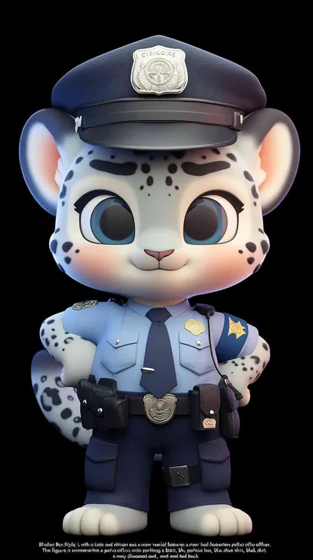 Blind Box Style, full body, red walls, exquisite facial features, snow leopard police personification image,   dressed in summer police uniform, blue shirt, black police hat, navy blue tie, black armband, black trousers, Q-version, black background, natural lighting, 8K, best quality, ultra details, 3D, C4D, Blender, OC renderer, ultra-high definition, 3D rendering - style2部分