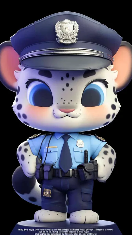 Blind Box Style, full body, red walls, exquisite facial features, snow leopard police personification image,   dressed in summer police uniform, blue shirt, black police hat, navy blue tie, black armband, black trousers, Q-version, black background, natural lighting, 8K, best quality, ultra details, 3D, C4D, Blender, OC renderer, ultra-high definition, 3D rendering - style3部分