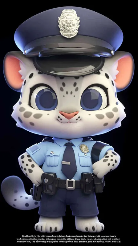 Blind Box Style, full body, red walls, exquisite facial features, snow leopard police personification image,   dressed in summer police uniform, blue shirt, black police hat, navy blue tie, black armband, black trousers, Q-version, black background, natural lighting, 8K, best quality, ultra details, 3D, C4D, Blender, OC renderer, ultra-high definition, 3D rendering - style4部分