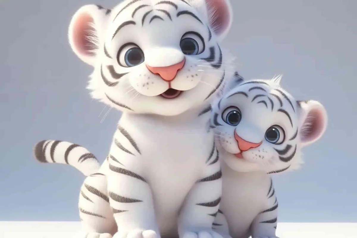 ip image, full body, chibi, Two white tigers, one male tiger and one female tiger, white background, natural light, 8K, best picture quality, super detail, 3D, C4D, Blender, OC renderer, ultra-high definition, 3D rendering - AI绘画作品展示 | Midjourney中文版生成
