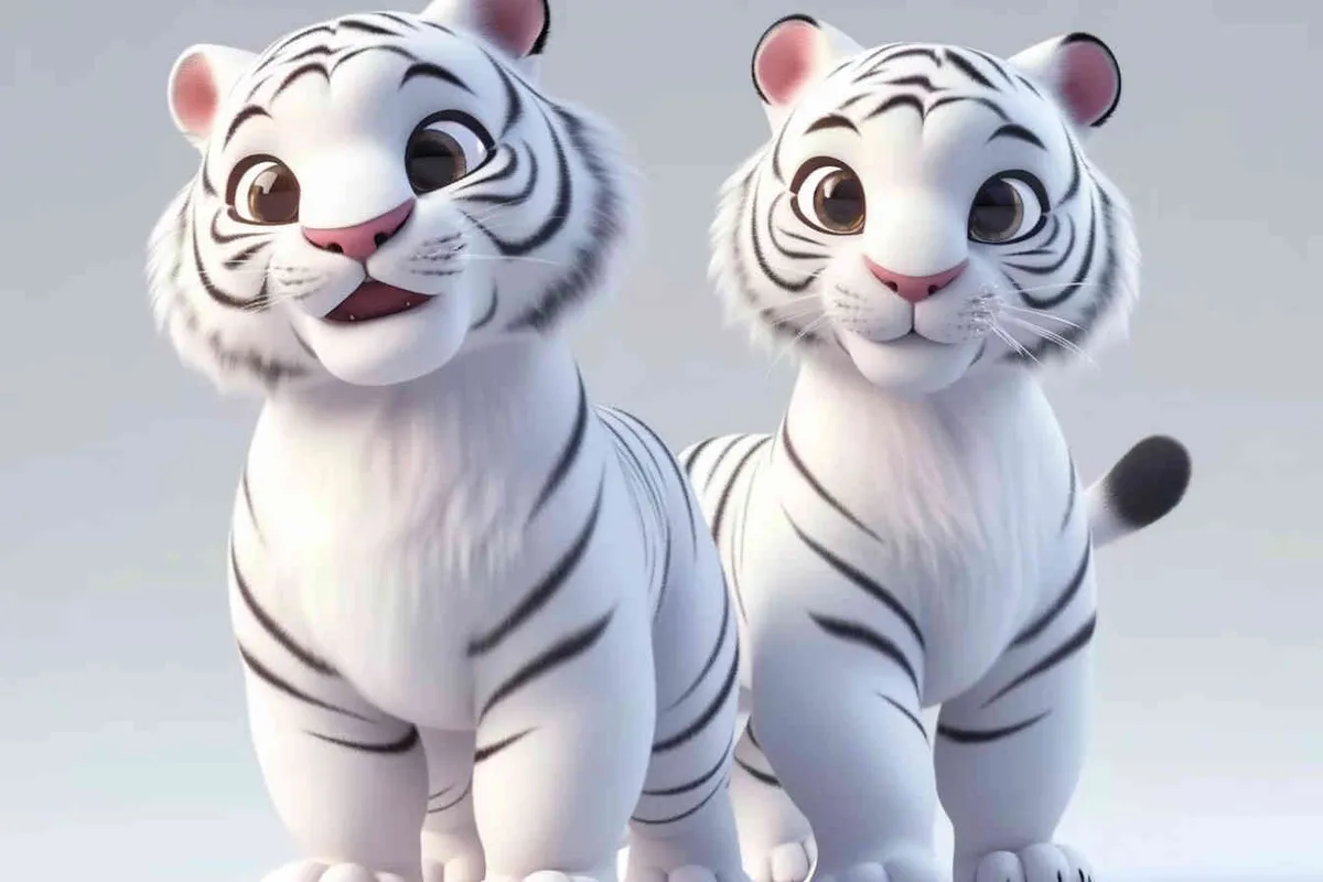 ip image, full body, chibi, Two white tigers, one male tiger and one female tiger, white background, natural light, 8K, best picture quality, super detail, 3D, C4D, Blender, OC renderer, ultra-high definition, 3D rendering - AI绘画作品展示 | Midjourney中文版生成