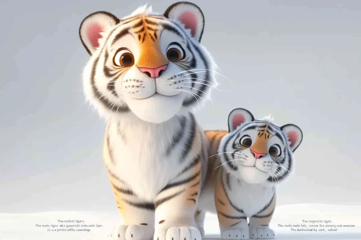 two standing tigers, one male tiger and one female tiger, the male tiger touching the female tiger's belly，white background, natural light, 8K, best picture quality, super detail, 3D, C4D, Blender, OC renderer, ultra-high definition, 3D rendering - style1部分