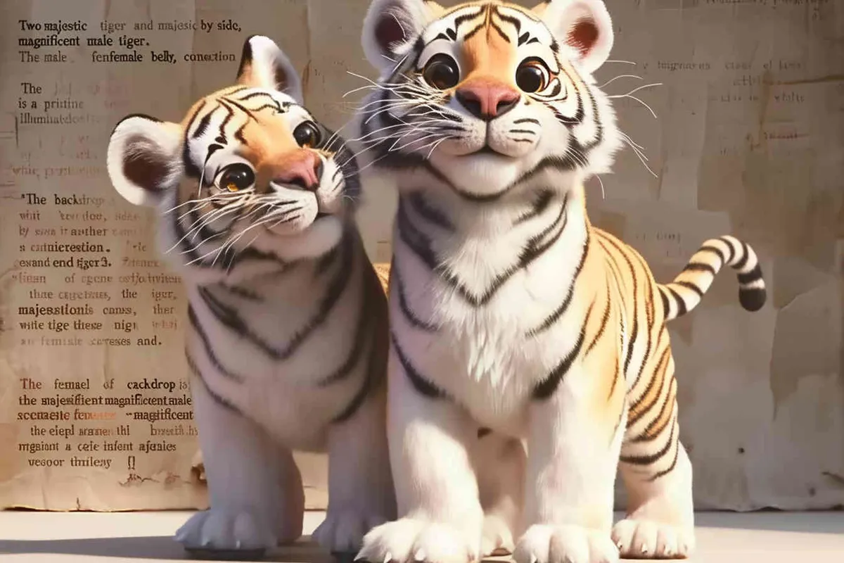 two standing tigers, one male tiger and one female tiger, the male tiger touching the female tiger's belly，white background, natural light, 8K, best picture quality, super detail, 3D, C4D, Blender, OC renderer, ultra-high definition, 3D rendering - style2部分