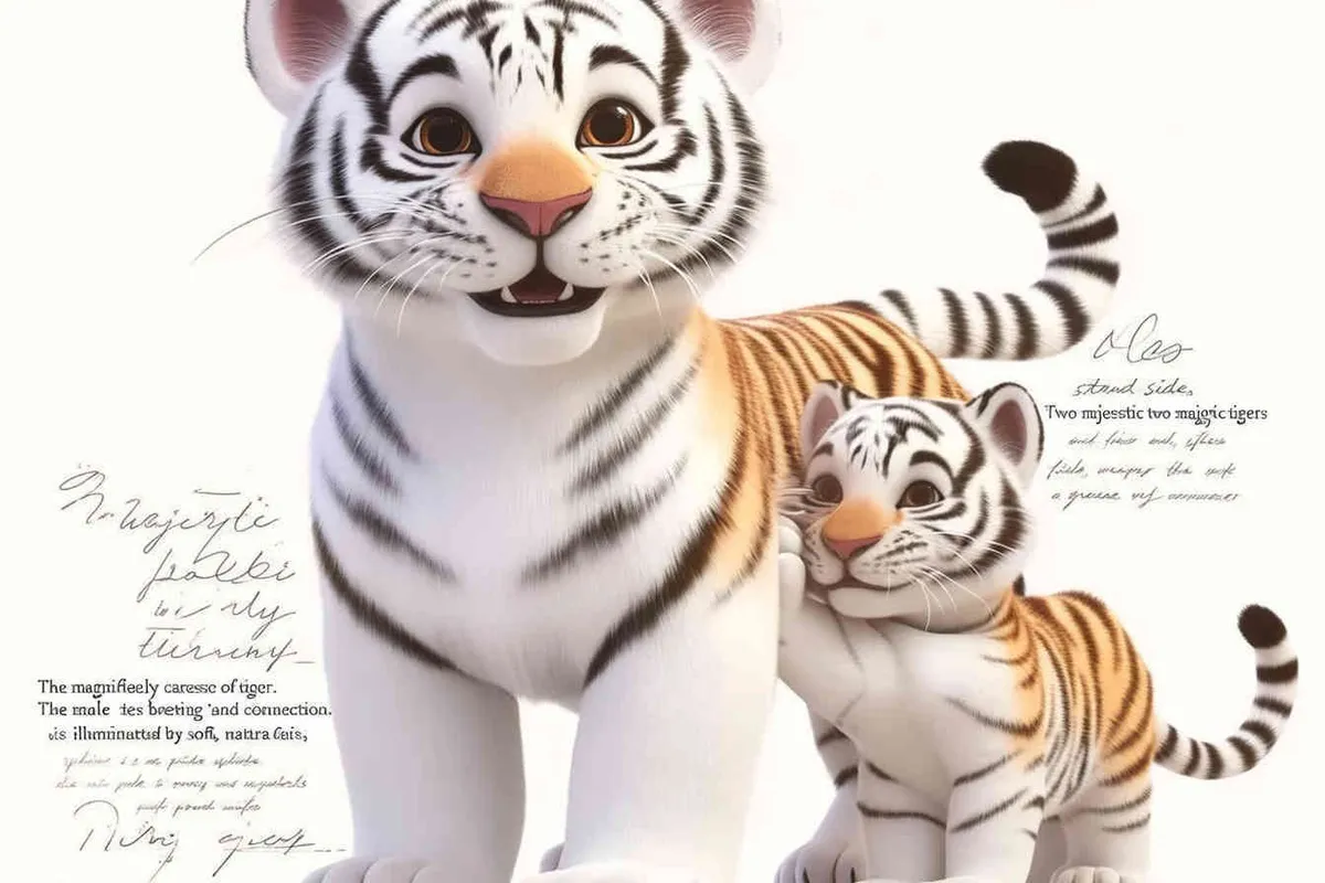 two standing tigers, one male tiger and one female tiger, the male tiger touching the female tiger's belly，white background, natural light, 8K, best picture quality, super detail, 3D, C4D, Blender, OC renderer, ultra-high definition, 3D rendering - style3部分
