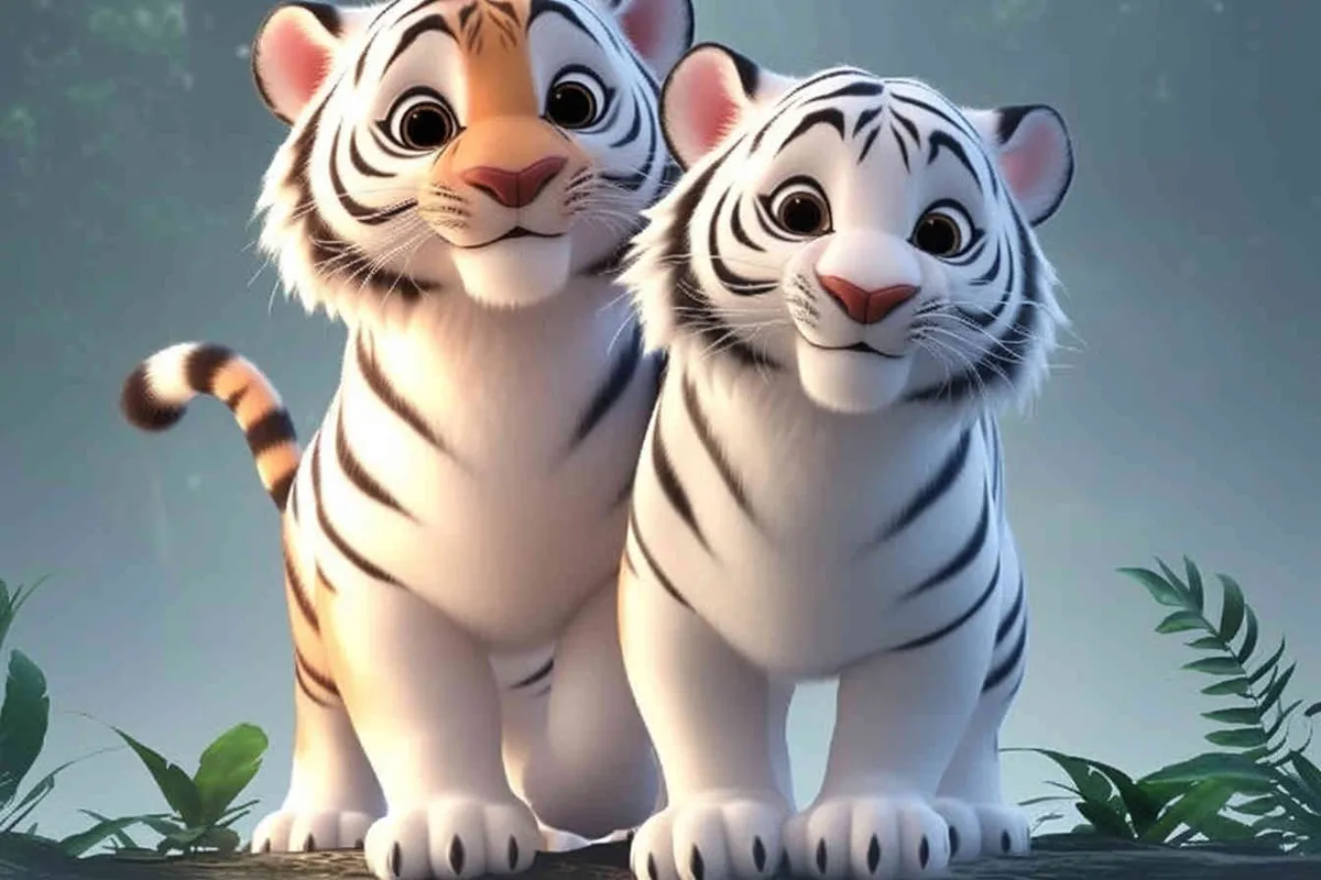 two standing tigers, one male tiger and one female tiger, the male tiger touching the female tiger's belly，white background, natural light, 8K, best picture quality, super detail, 3D, C4D, Blender, OC renderer, ultra-high definition, 3D rendering - style4部分