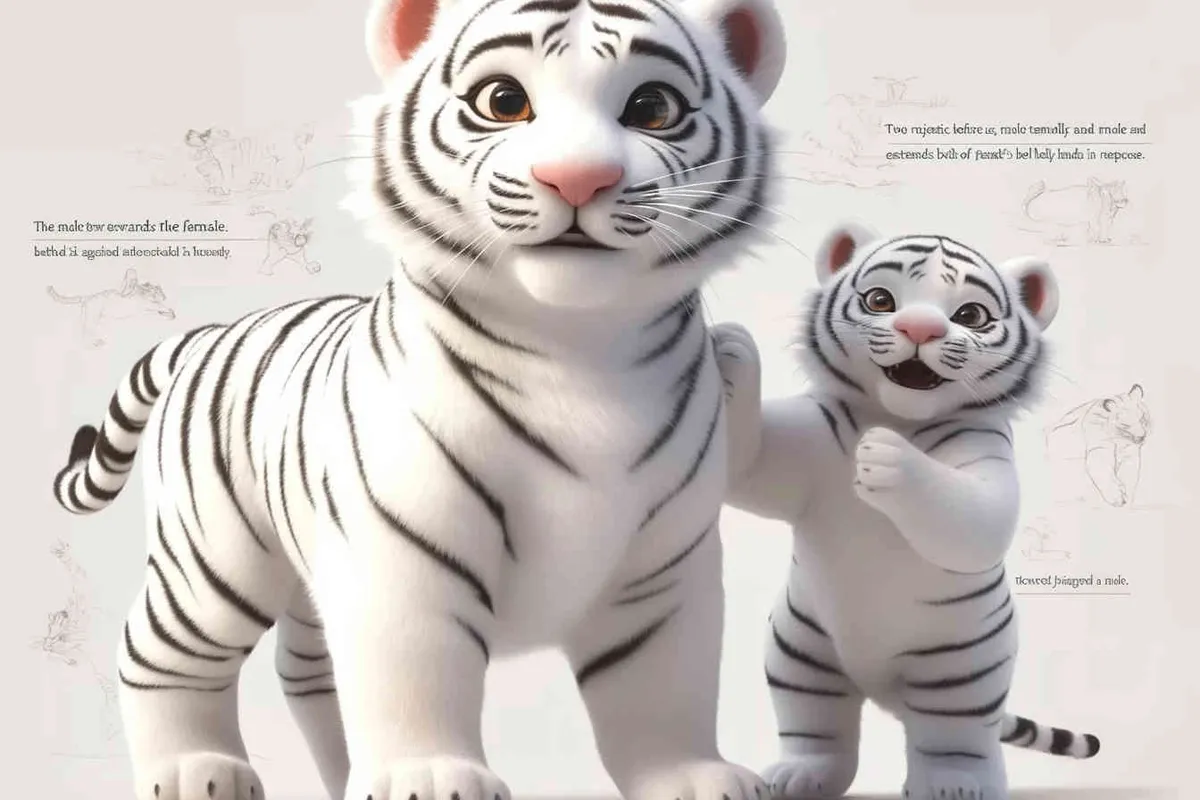 Two standing white  tigers, one male tiger and one female tiger, The male tiger extends its paws to touch the female tiger's belly, while the female tiger lifts both hands up, white background, natural light, 8K, best picture quality, super detail, 3D, C4D, Blender, OC renderer, ultra-high definition, 3D rendering - style1部分