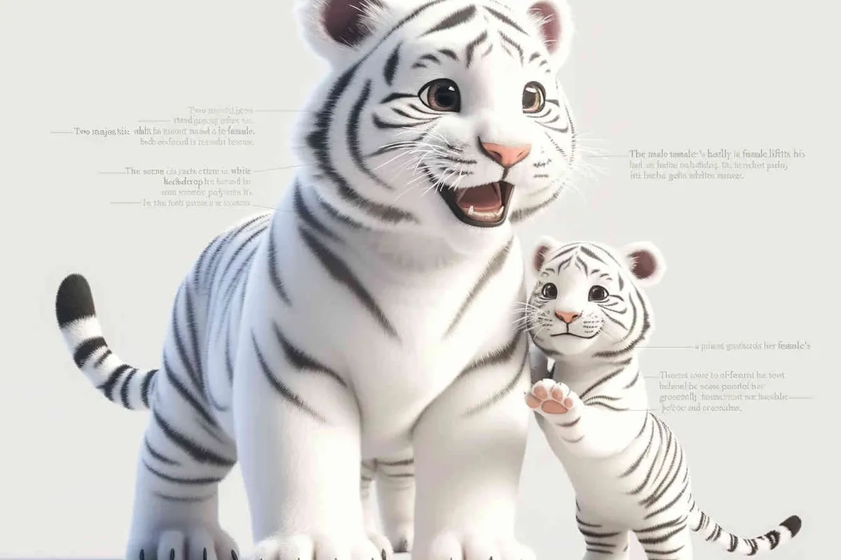 Two standing white  tigers, one male tiger and one female tiger, The male tiger extends its paws to touch the female tiger's belly, while the female tiger lifts both hands up, white background, natural light, 8K, best picture quality, super detail, 3D, C4D, Blender, OC renderer, ultra-high definition, 3D rendering - style2部分