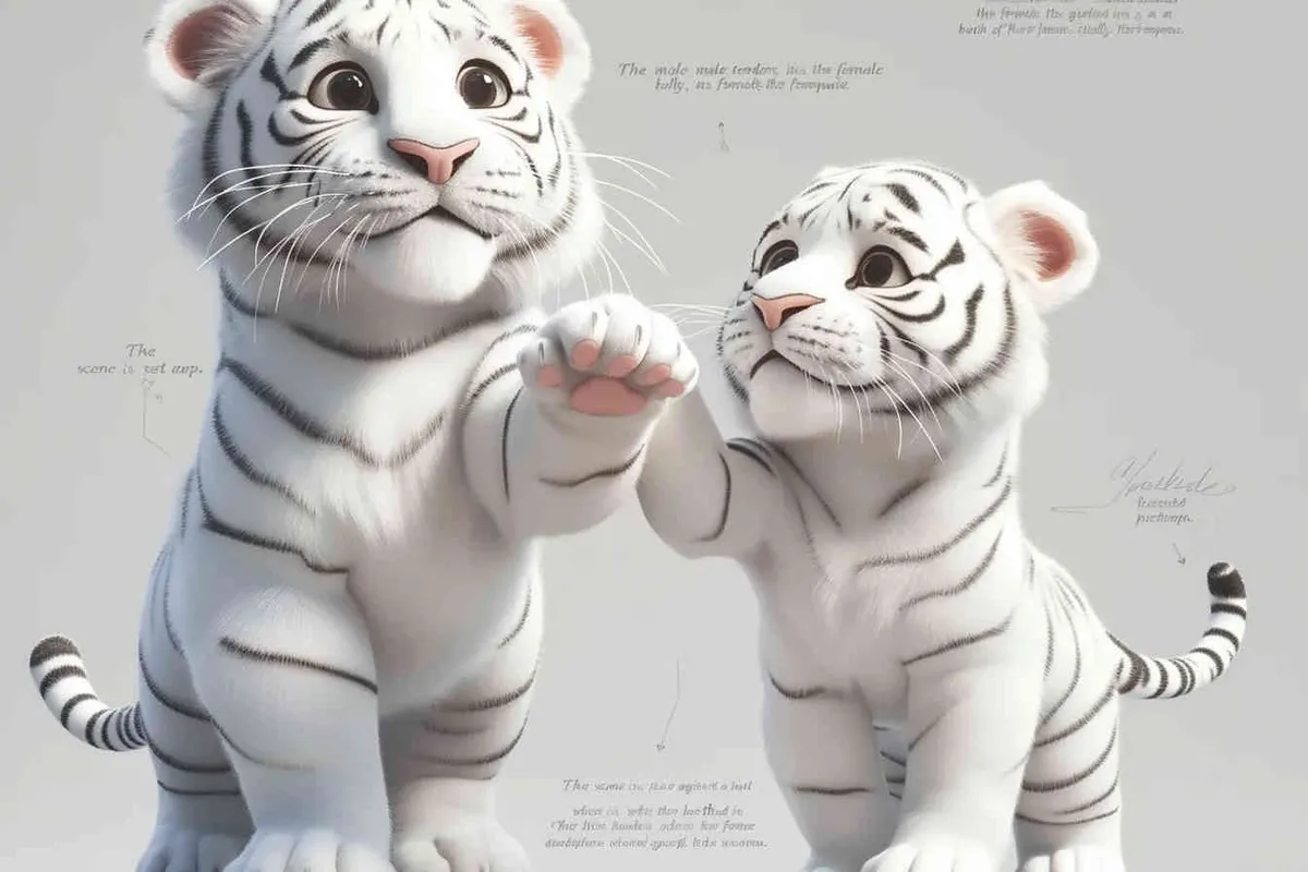 Two standing white  tigers, one male tiger and one female tiger, The male tiger extends its paws to touch the female tiger's belly, while the female tiger lifts both hands up, white background, natural light, 8K, best picture quality, super detail, 3D, C4D, Blender, OC renderer, ultra-high definition, 3D rendering - style3部分