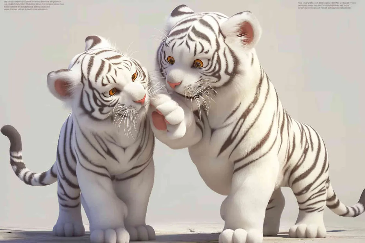 Two standing white  tigers, one male tiger and one female tiger, The male tiger extends its paws to touch the female tiger's belly, while the female tiger lifts both hands up, white background, natural light, 8K, best picture quality, super detail, 3D, C4D, Blender, OC renderer, ultra-high definition, 3D rendering - style1部分