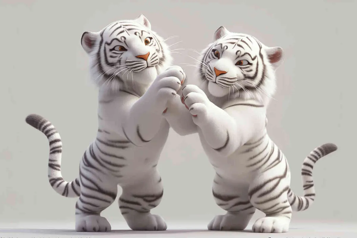 Two standing white  tigers, one male tiger and one female tiger, The male tiger extends its paws to touch the female tiger's belly, while the female tiger lifts both hands up, white background, natural light, 8K, best picture quality, super detail, 3D, C4D, Blender, OC renderer, ultra-high definition, 3D rendering - style3部分