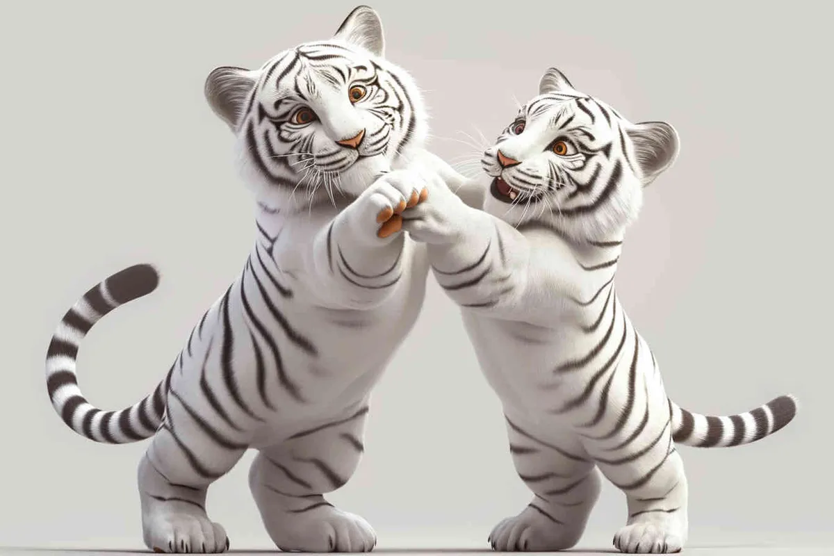 Two standing white  tigers, one male tiger and one female tiger, The male tiger extends its paws to touch the female tiger's belly, while the female tiger lifts both hands up, white background, natural light, 8K, best picture quality, super detail, 3D, C4D, Blender, OC renderer, ultra-high definition, 3D rendering - style4部分