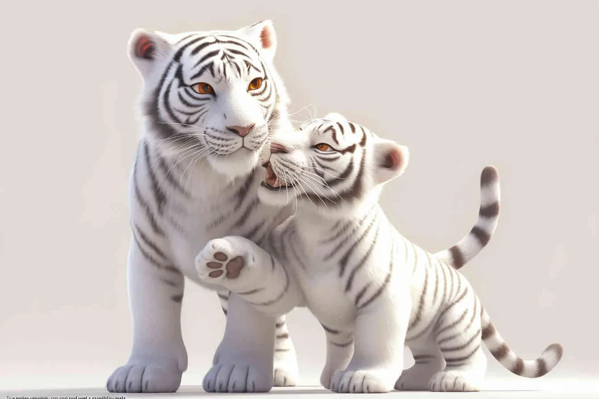 Two standing white  tigers, one male tiger and one female tiger, The male tiger extends its paws to touch the female tiger's belly, while the female tiger lifts both hands up, white background, natural light, 8K, best picture quality, super detail, 3D, C4D, Blender, OC renderer, ultra-high definition, 3D rendering - style1部分