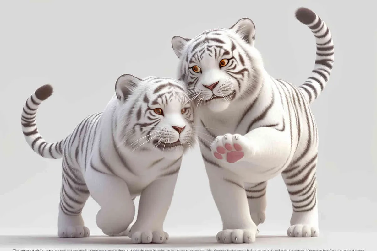 Two standing white  tigers, one male tiger and one female tiger, The male tiger extends its paws to touch the female tiger's belly, while the female tiger lifts both hands up, white background, natural light, 8K, best picture quality, super detail, 3D, C4D, Blender, OC renderer, ultra-high definition, 3D rendering - style3部分