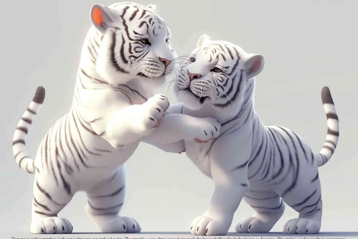 Two standing white  tigers, one male tiger and one female tiger, The male tiger extends its paws to touch the female tiger's belly, while the female tiger lifts both hands up, white background, natural light, 8K, best picture quality, super detail, 3D, C4D, Blender, OC renderer, ultra-high definition, 3D rendering - style1部分