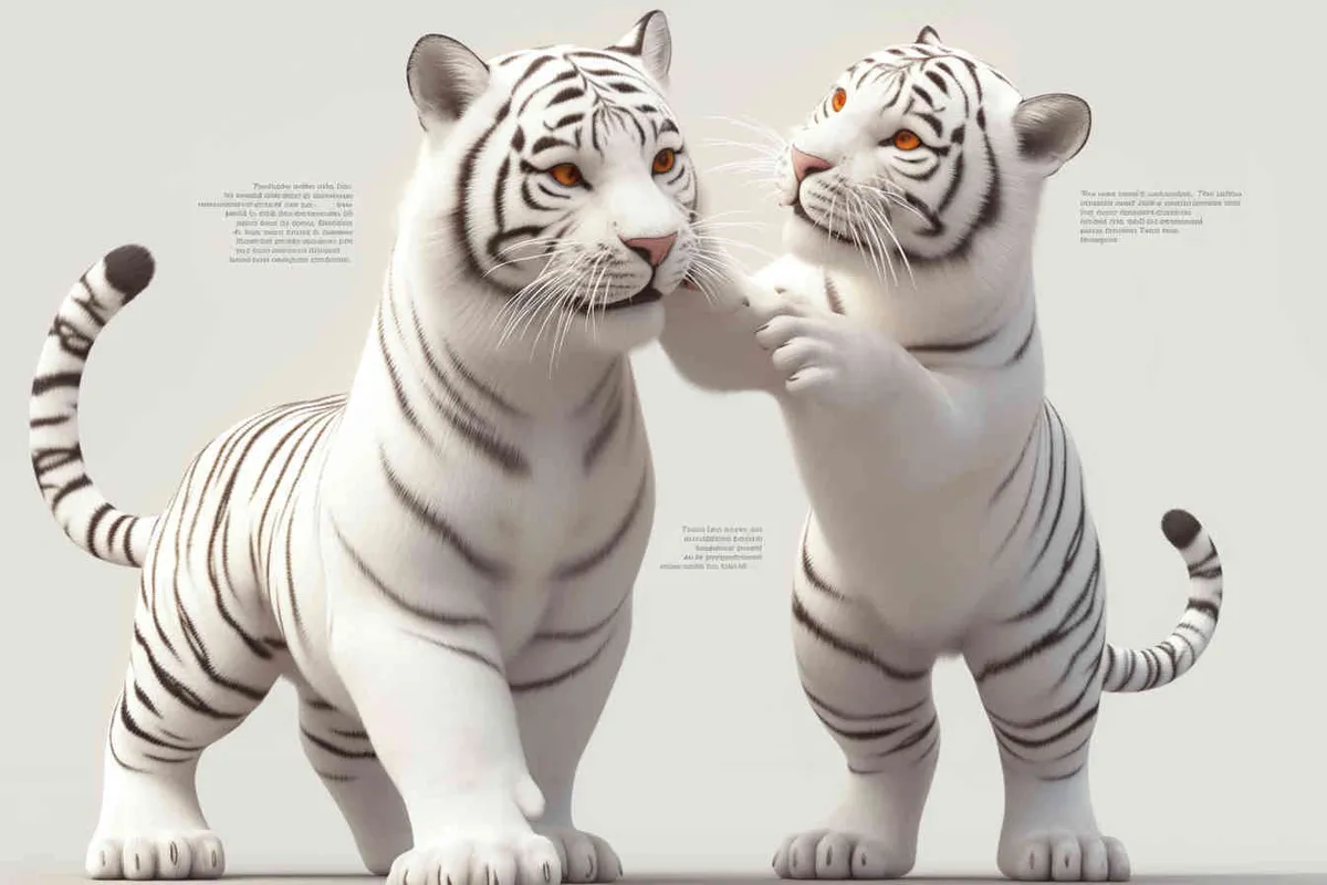 Two standing white  tigers, one male tiger and one female tiger, The male tiger extends its paws to touch the female tiger's belly, while the female tiger lifts both hands up, white background, natural light, 8K, best picture quality, super detail, 3D, C4D, Blender, OC renderer, ultra-high definition, 3D rendering - style2部分