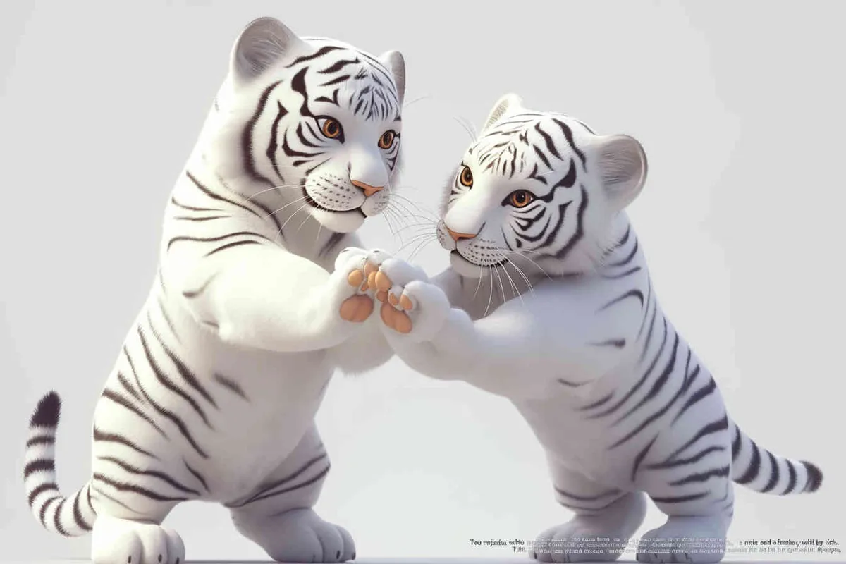 Two standing white  tigers, one male tiger and one female tiger, The male tiger extends its paws to touch the female tiger's belly, while the female tiger lifts both hands up, white background, natural light, 8K, best picture quality, super detail, 3D, C4D, Blender, OC renderer, ultra-high definition, 3D rendering - style3部分
