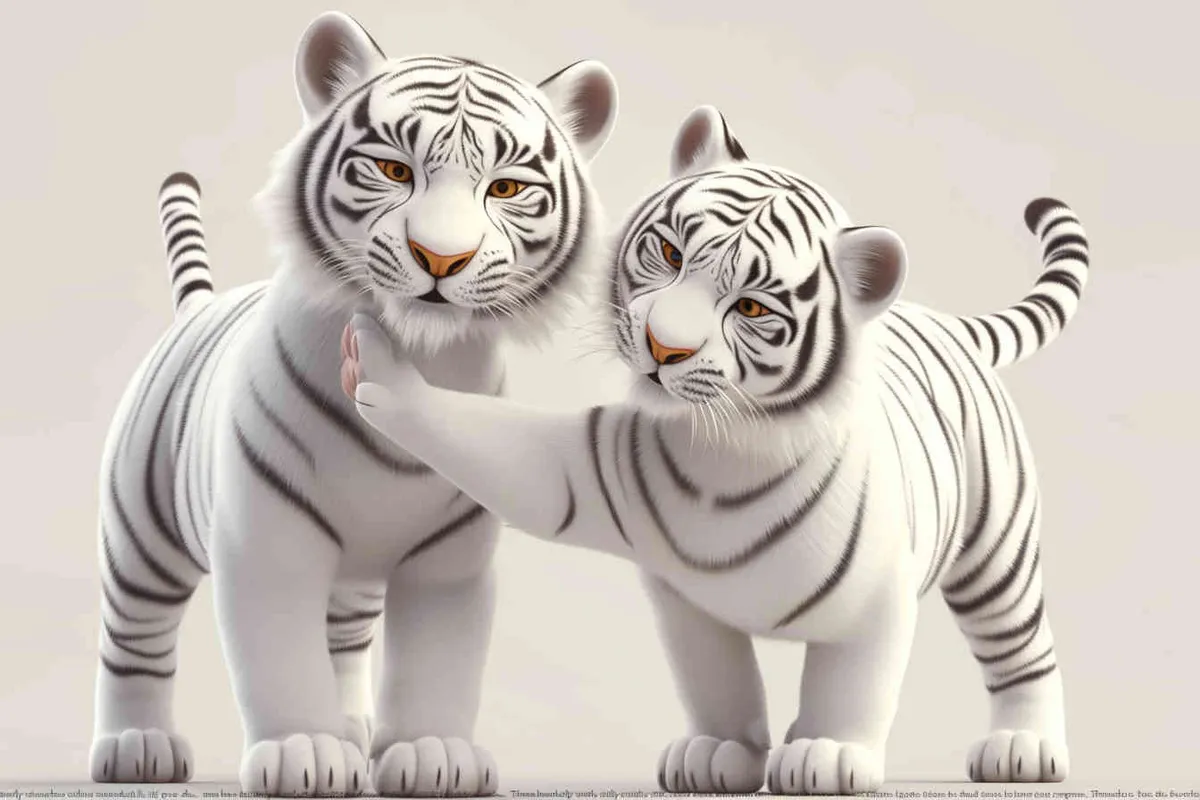 Two standing white  tigers, one male tiger and one female tiger, The male tiger extends its paws to touch the female tiger's belly, while the female tiger lifts both hands up, white background, natural light, 8K, best picture quality, super detail, 3D, C4D, Blender, OC renderer, ultra-high definition, 3D rendering - style4部分