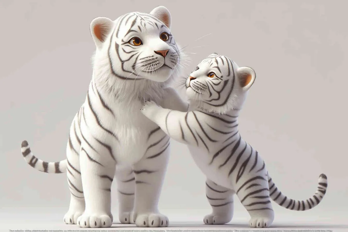 Two standing white  tigers, one male tiger and one female tiger, The male tiger extends its paws to touch the female tiger's belly, while the female tiger lifts both hands up, white background, natural light, 8K, best picture quality, super detail, 3D, C4D, Blender, OC renderer, ultra-high definition, 3D rendering - style1部分