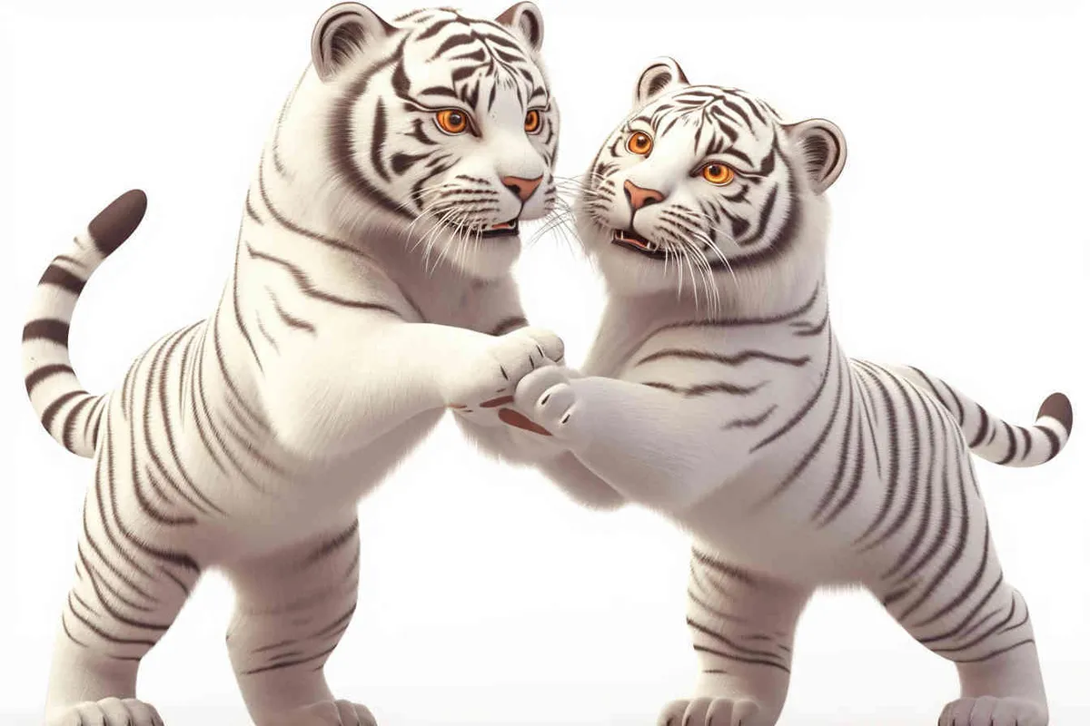 Two standing white  tigers, one male tiger and one female tiger, The male tiger extends its paws to touch the female tiger's belly, while the female tiger lifts both hands up, white background, natural light, 8K, best picture quality, super detail, 3D, C4D, Blender, OC renderer, ultra-high definition, 3D rendering - style2部分