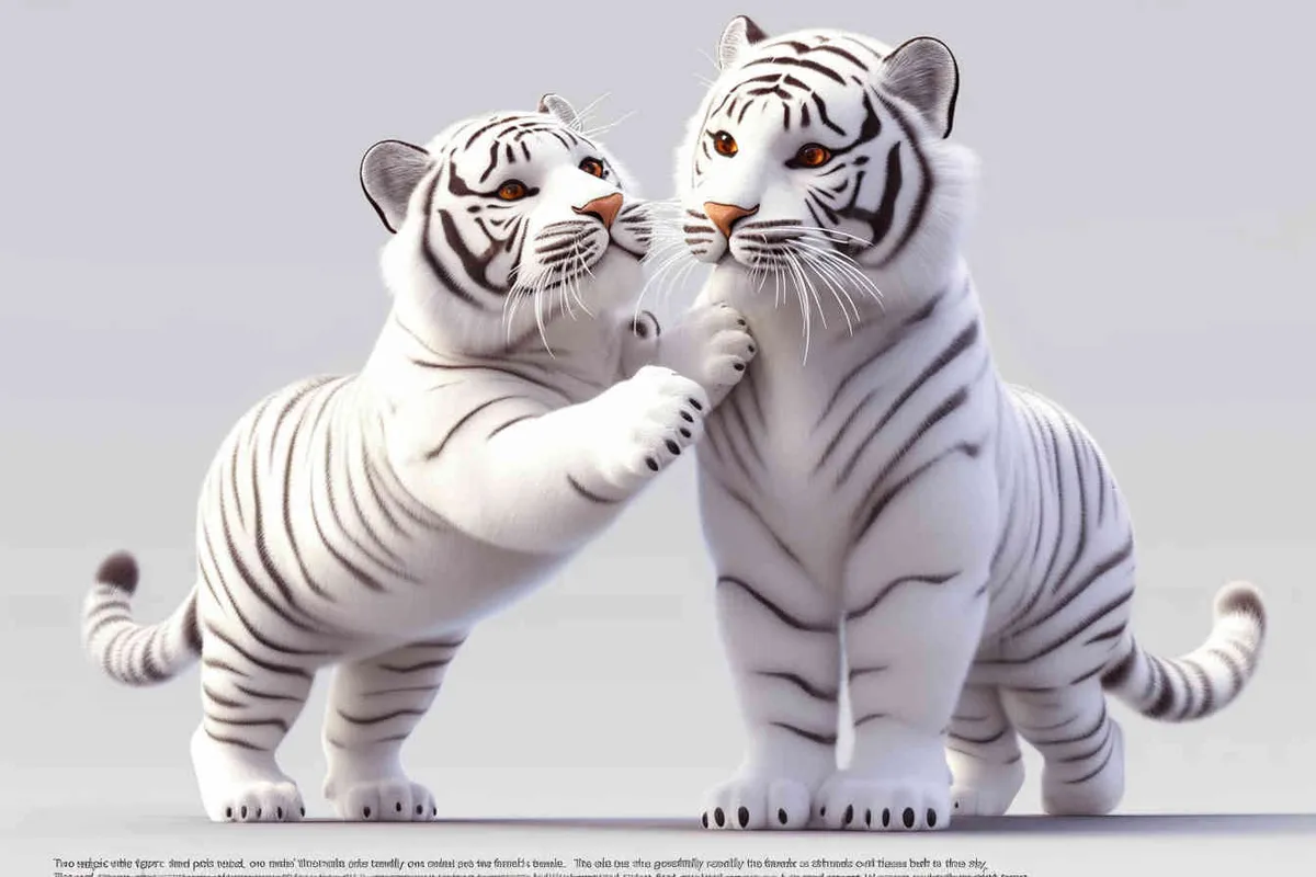 Two standing white  tigers, one male tiger and one female tiger, The male tiger extends its paws to touch the female tiger's belly, while the female tiger lifts both hands up, white background, natural light, 8K, best picture quality, super detail, 3D, C4D, Blender, OC renderer, ultra-high definition, 3D rendering - style3部分