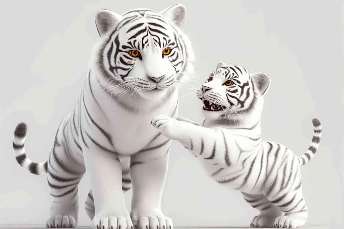 Two standing white  tigers, one male tiger and one female tiger, The male tiger extends its paws to touch the female tiger's belly, while the female tiger lifts both hands up, white background, natural light, 8K, best picture quality, super detail, 3D, C4D, Blender, OC renderer, ultra-high definition, 3D rendering - style4部分