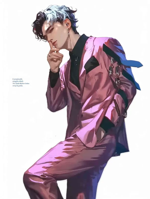 A male idol wearing a pink suit, holding his left hand on his chest and extending his index finger to his mouth with his right hand，black leather shoes，face upward，headset，anime style, white background - style1部分