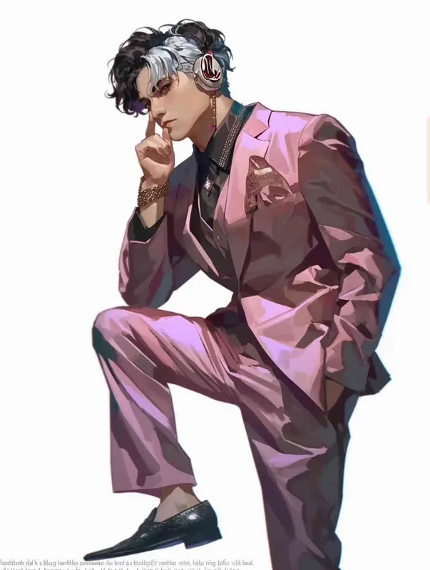 A male idol wearing a pink suit, holding his left hand on his chest and extending his index finger to his mouth with his right hand，black leather shoes，face upward，headset，anime style, white background - style2部分